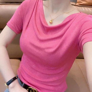 多巴胺女 堆堆领纯色百搭短袖 夏薄款 时尚 洋气显瘦T恤气质设计小衫