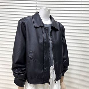 韩版 洋气小个子机车服夹克女 黑色高级感pu皮衣外套女复古港风时尚