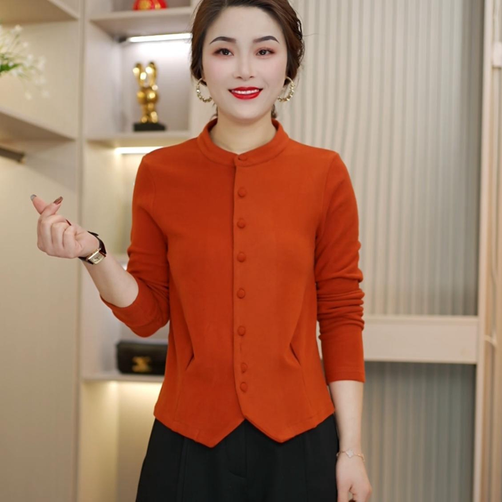 橘色立领长袖显瘦百搭妈妈装开衫