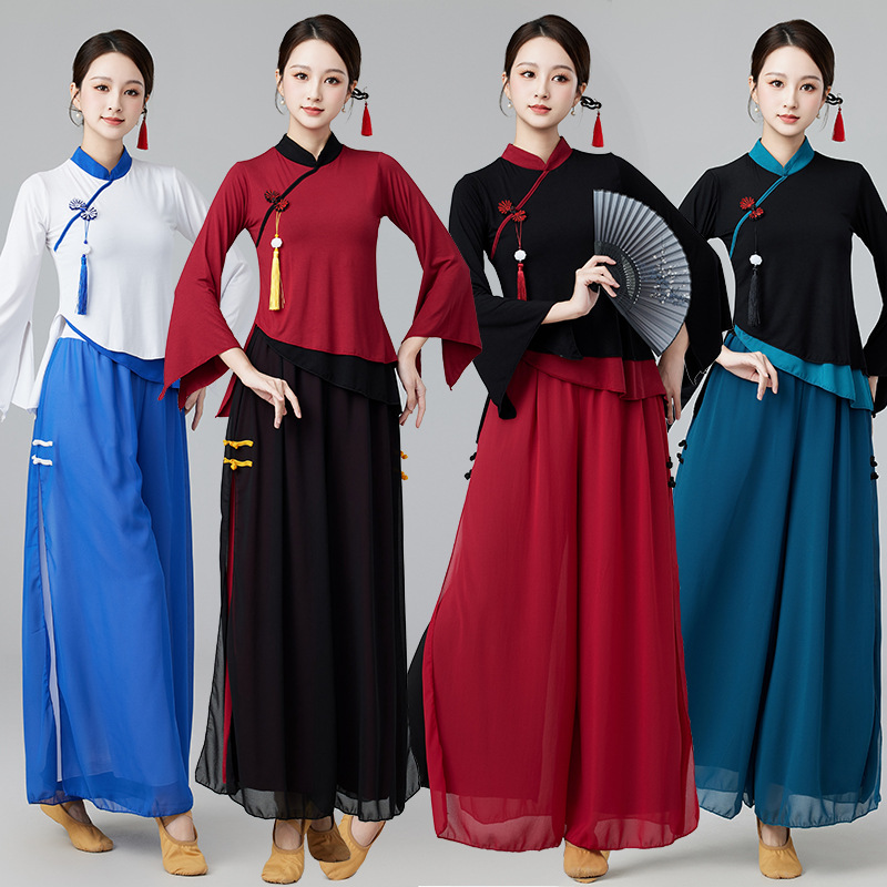 新款广场舞服装套装中国民族风中老年莫尔喇叭袖跳舞雪纺舞蹈服女