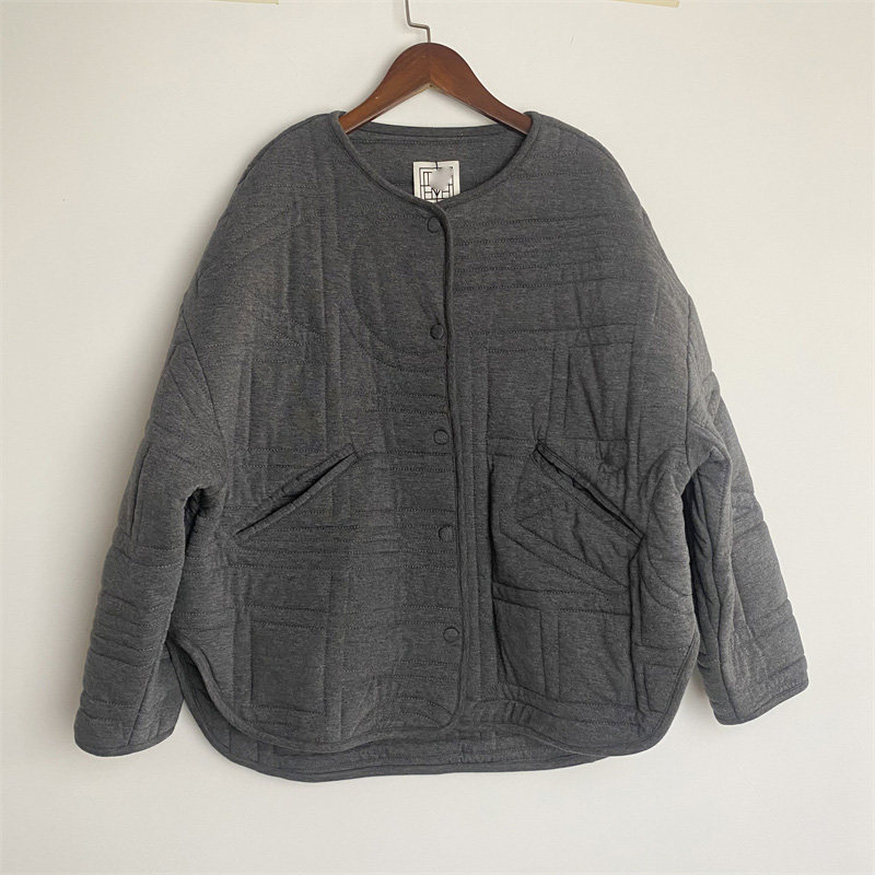 高品北欧小众TOT秋冬新款麻灰色棉服针织夹克外套女宽松几何图案