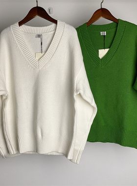 北欧TOT冬季新款绿色V领羊毛羊绒混纺落肩袖廓形针织衫毛衣女上衣