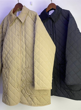 北欧TOT秋冬菱格拼接字母刺绣棉服棉衣女夹克外套显瘦中长款宽松