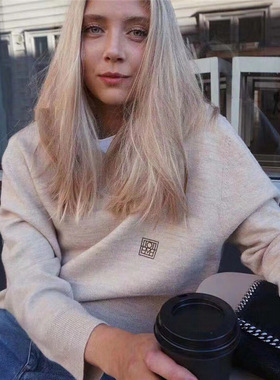 北欧Tot新款简约羊毛套头刺绣V字领宽松针织衫毛衣外穿短款