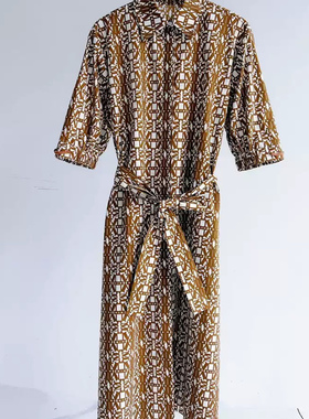 25年早春新款M@x棉府绸印花衬衫式连衣裙女中长款收腰系带显瘦