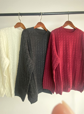 北欧小众TOT秋冬新款毛衣女绞花羊毛针织衫打底衫圆领宽松版阔袖