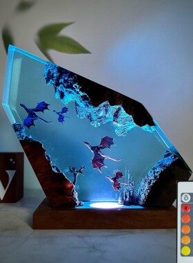 跨境Resin Wooden Lamp3D火龙和冰龙树脂木灯卧室照明灯圣诞礼物