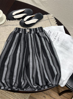 儿童复古棉麻竖条纹灯笼裤夏季新品韩系男女宝宝宽松九分裤防蚊裤