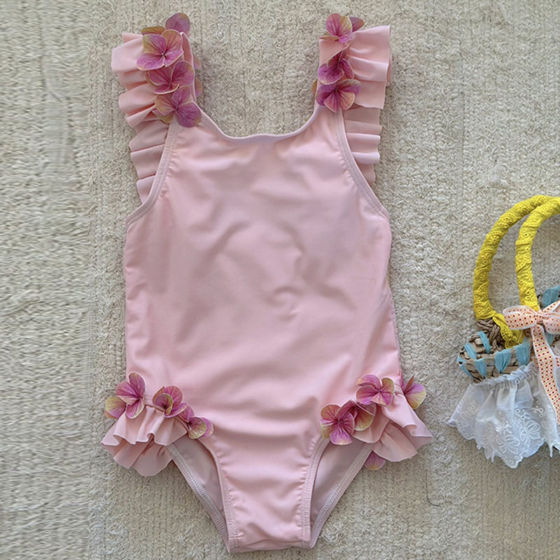 新款女童女宝宝粉色花边连体泳衣女孩度假洋气游泳装