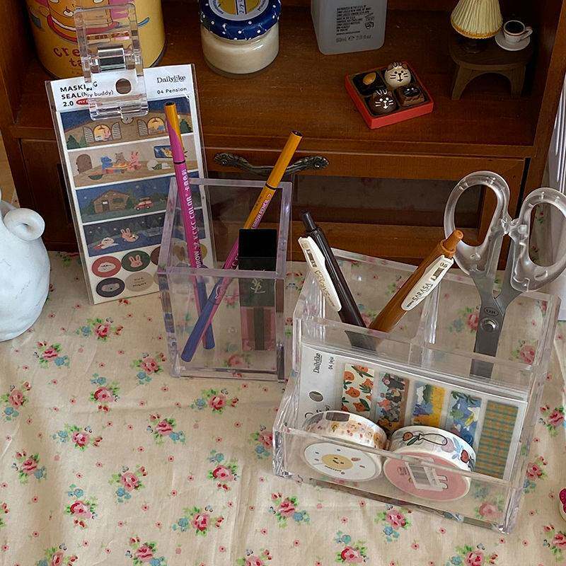 ins无印风书桌改造简约亚克力透明两格三格笔筒学生桌面收纳盒