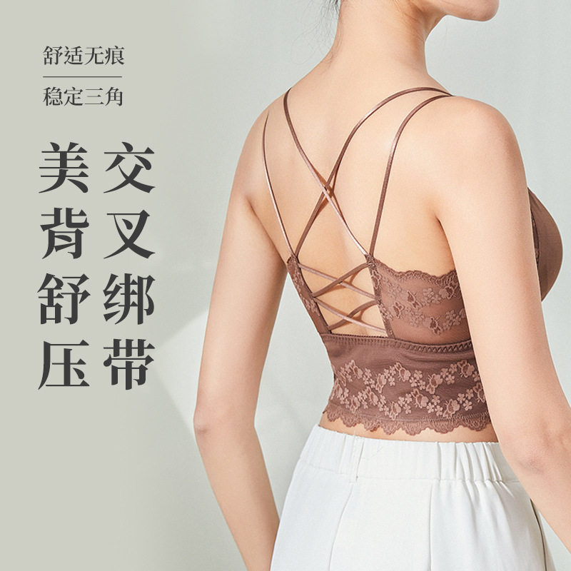 新款蕾丝秋冬内衣v领性感保暖背心女士加厚加绒吊带带胸垫美背抹