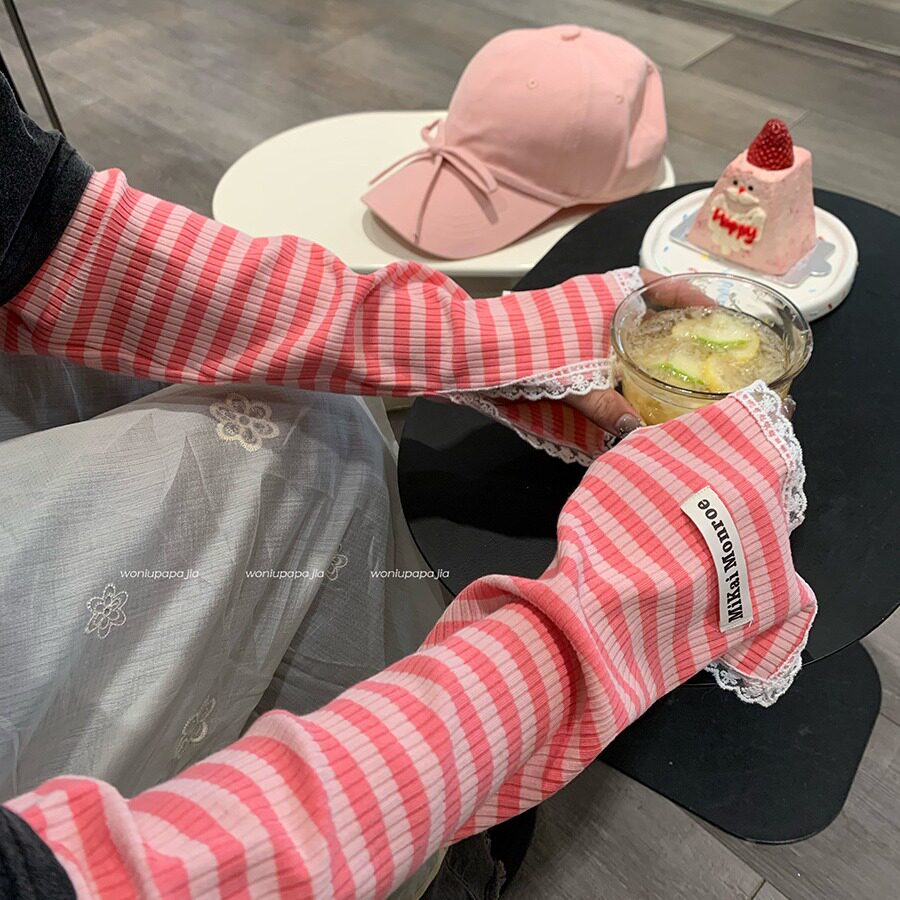夏季多巴胺高质感冰袖防晒女辣妹分叉蕾丝边薄款护手腕透气不闷热