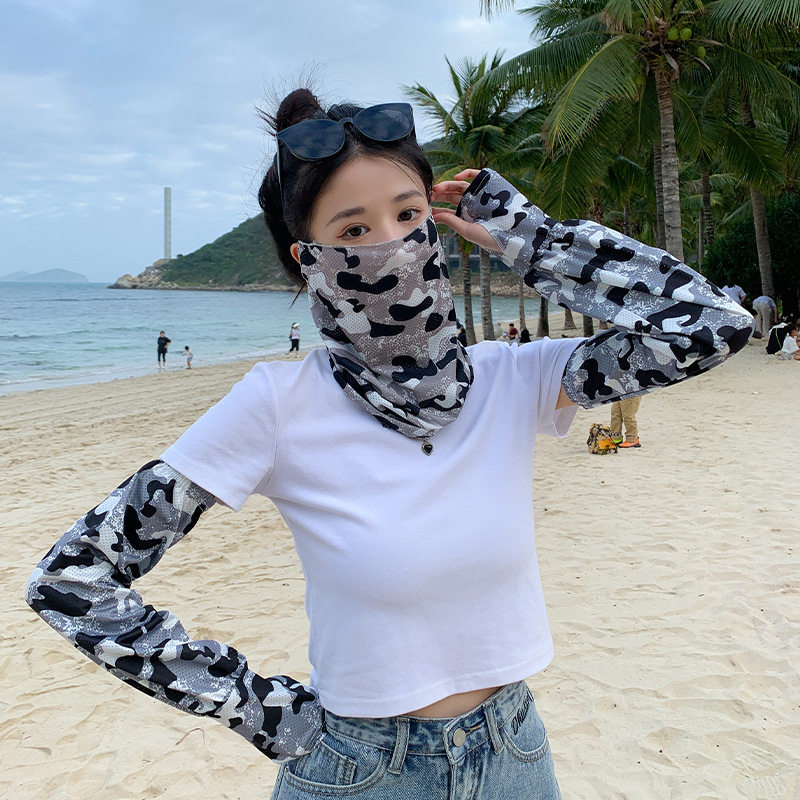 夏季迷彩冰袖男女骑行防紫外线挂耳遮脸面罩面纱防晒袖套护臂袖套