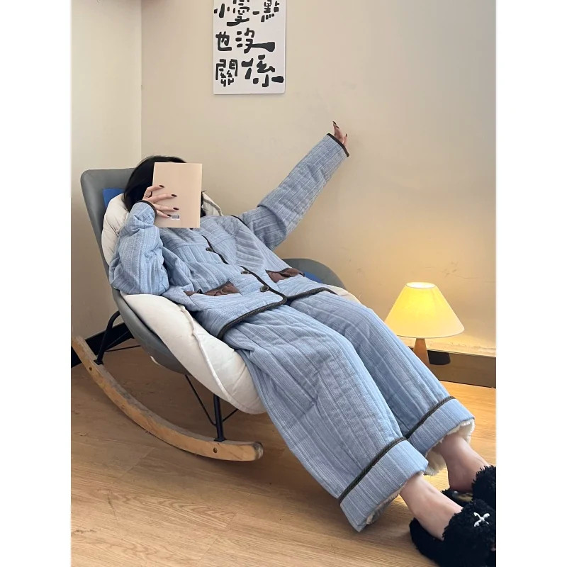 维多利亚韩系复古条纹三层夹棉睡衣女冬季加厚保暖大码家居服套装