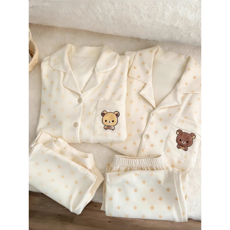 日本GP奶fufu纯棉睡衣情侣装男女款夏季短袖波点轻松熊夏天家居服