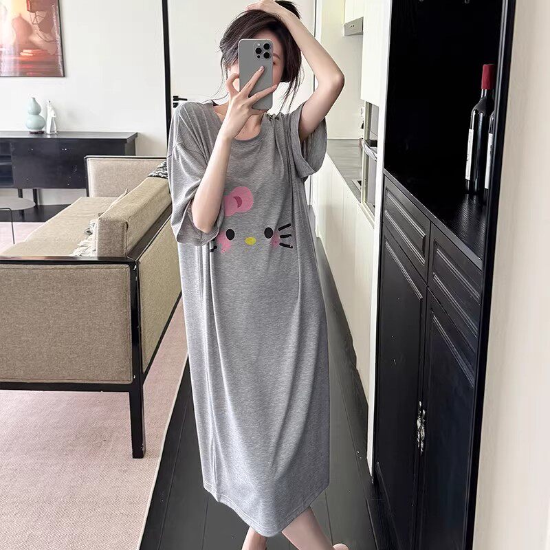 日本GP莫代尔棉绸睡裙女款夏季甜美可爱小猫大码短袖睡衣家居服