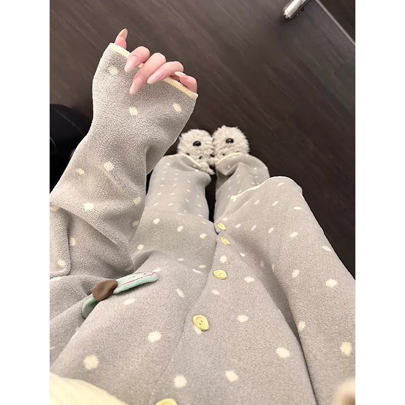 维多利亚甜美少女卡通波点半边绒睡衣秋冬软糯保暖针织家居服套装