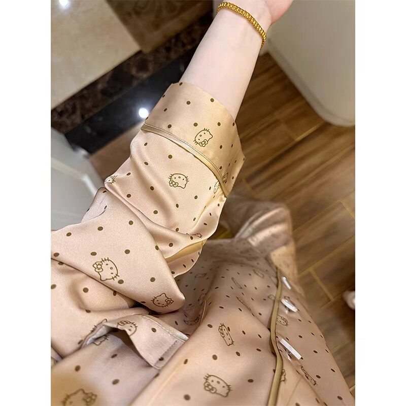 日本GP金色珠光波点KT真冰丝睡衣女春秋季高级感长袖裤夏天家居服