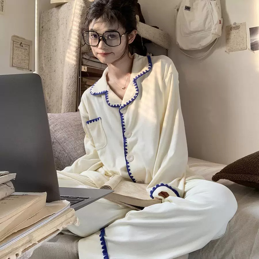 法国HoHiO花边德绒睡衣女秋冬季舒适保暖薄绒网红新年家居服套装