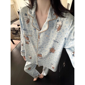 日本GP豹纹小猫睡衣女春秋季纯棉