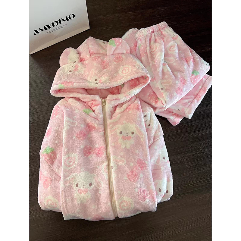 维多利亚可爱兔子连帽珊瑚绒睡衣女冬季加厚保暖毛茸茸家居服套装