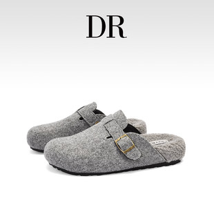 加绒一脚蹬懒人毛毛鞋 女2025冬季 毛呢包头半拖勃肯鞋 DR官方正品