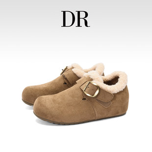 皮带扣内增高全包棉鞋 女2025冬季 真皮加绒毛领勃肯鞋 DR官方正品