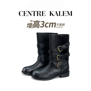 【CENTREKALEM鞋履】黑色西部裤管靴中筒靴直筒显瘦酷飒马丁靴