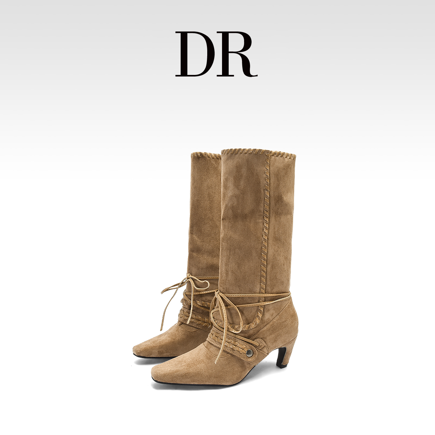 DR官方正品真皮交叉绑带复古西部骑士靴女2025冬季尖头细跟高筒靴