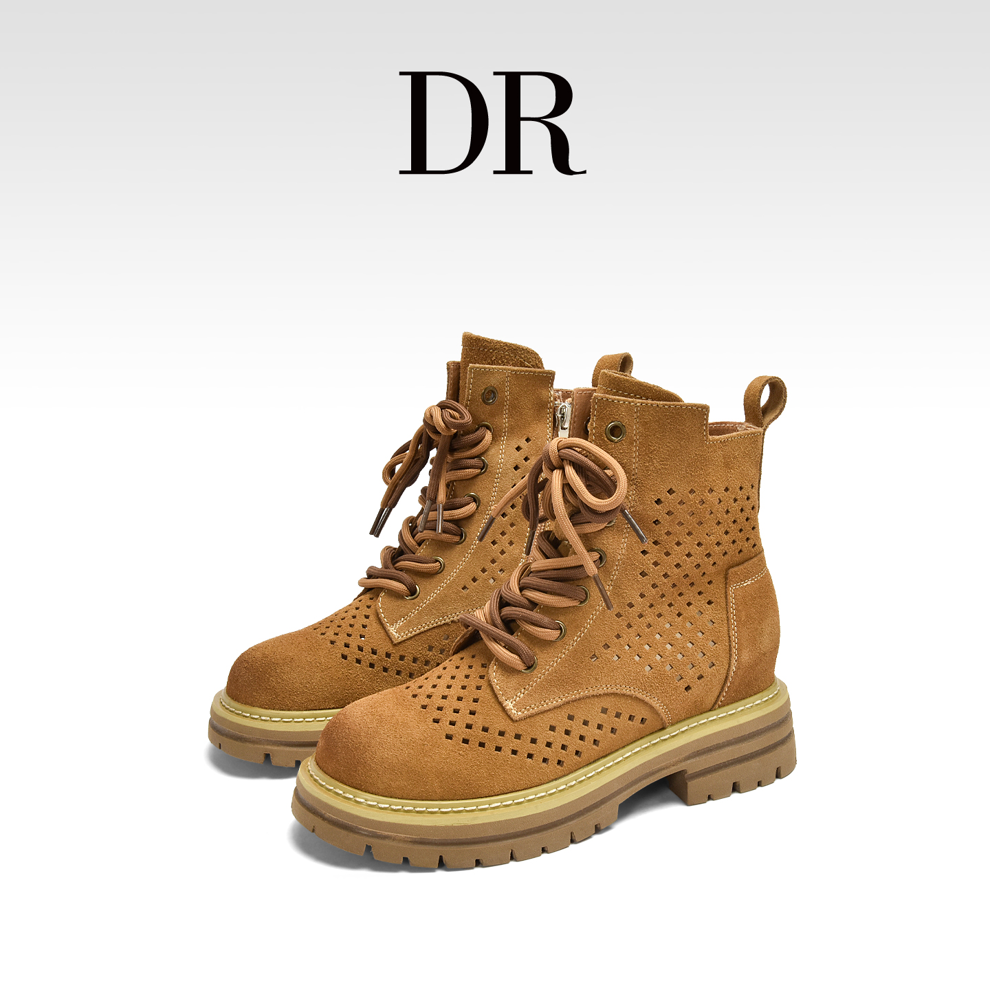 厚底透气大黄靴镂空内增高马丁靴