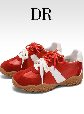 DR官方正品复古真皮红色德训鞋女2025秋冬厚底增高休闲运动阿甘鞋