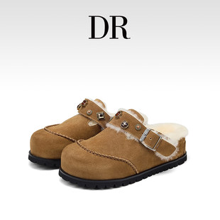 毛毛包头半拖保暖懒人鞋 DR官方正品 饰女2025冬季 宝石装 铆钉勃肯鞋