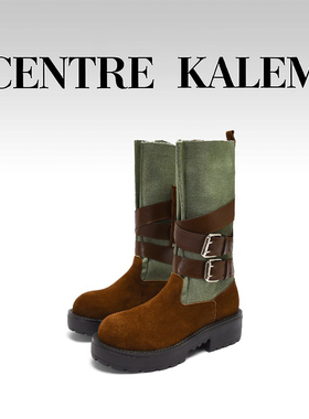 【CENTREKALEM鞋履】绿色低跟高筒靴时装靴春秋青年皮革厚底圆头