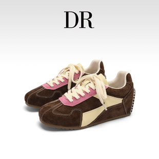 女2025秋冬棕色复古休闲阿甘鞋 DR官方正品 小个子真皮拼色德训鞋
