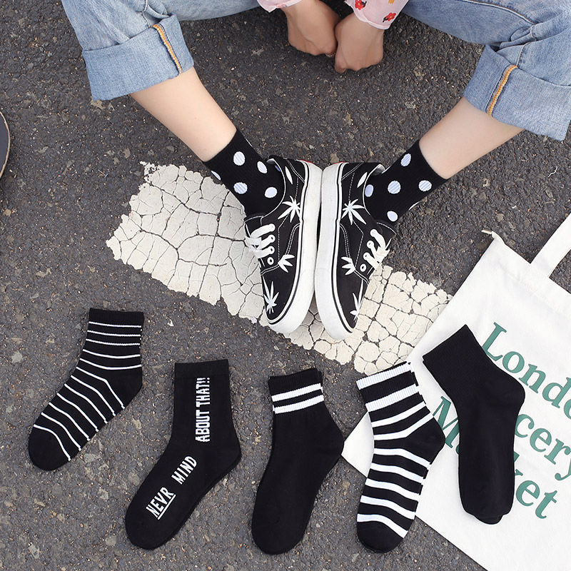 5双装运动黑色袜子女潮韩版纯色中筒袜百搭休闲夏季街头棉袜秋冬