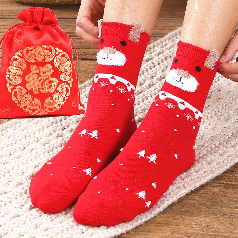 舒适休闲秋冬款红色卡通红袜子女袜踩小人本命年可爱女圣诞棉袜子