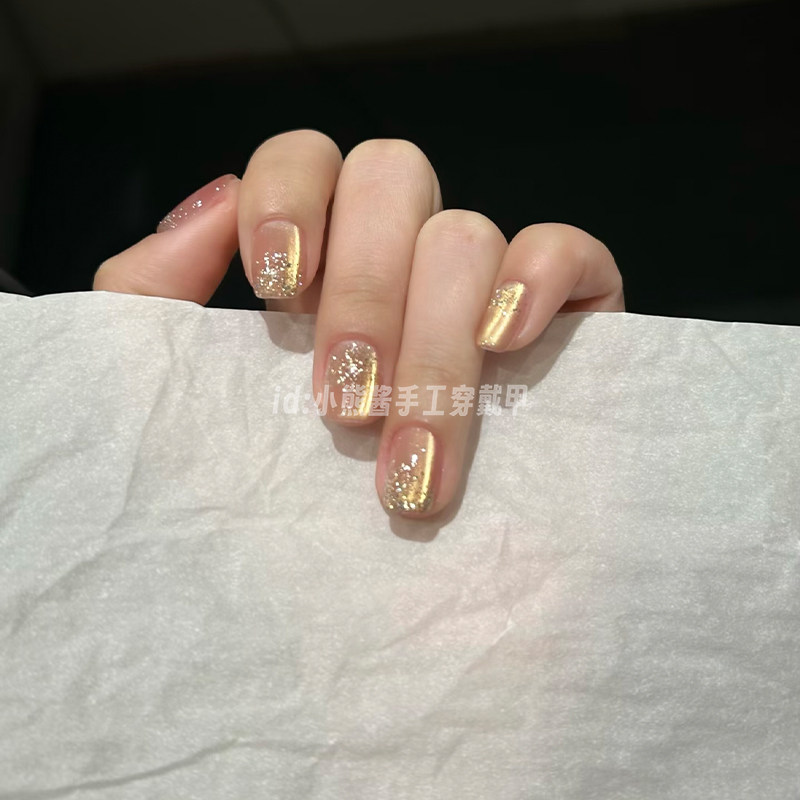 【菠萝金海】手工穿戴甲轻奢显白短款绝美猫眼美甲2026新款高级感