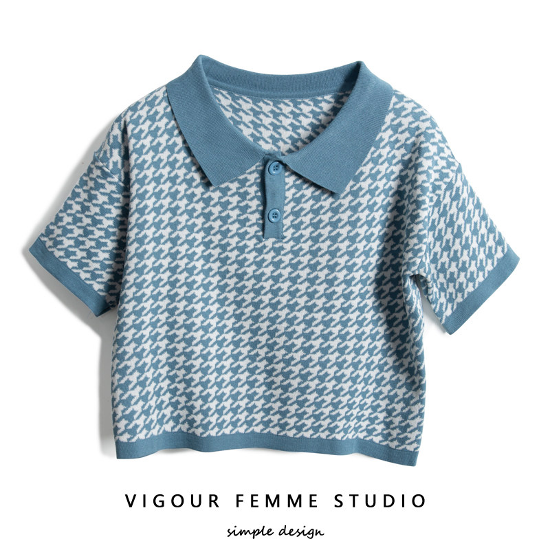 格子短袖t恤针织polo衫春夏新款韩版网红千鸟格高腰短款翻领上衣