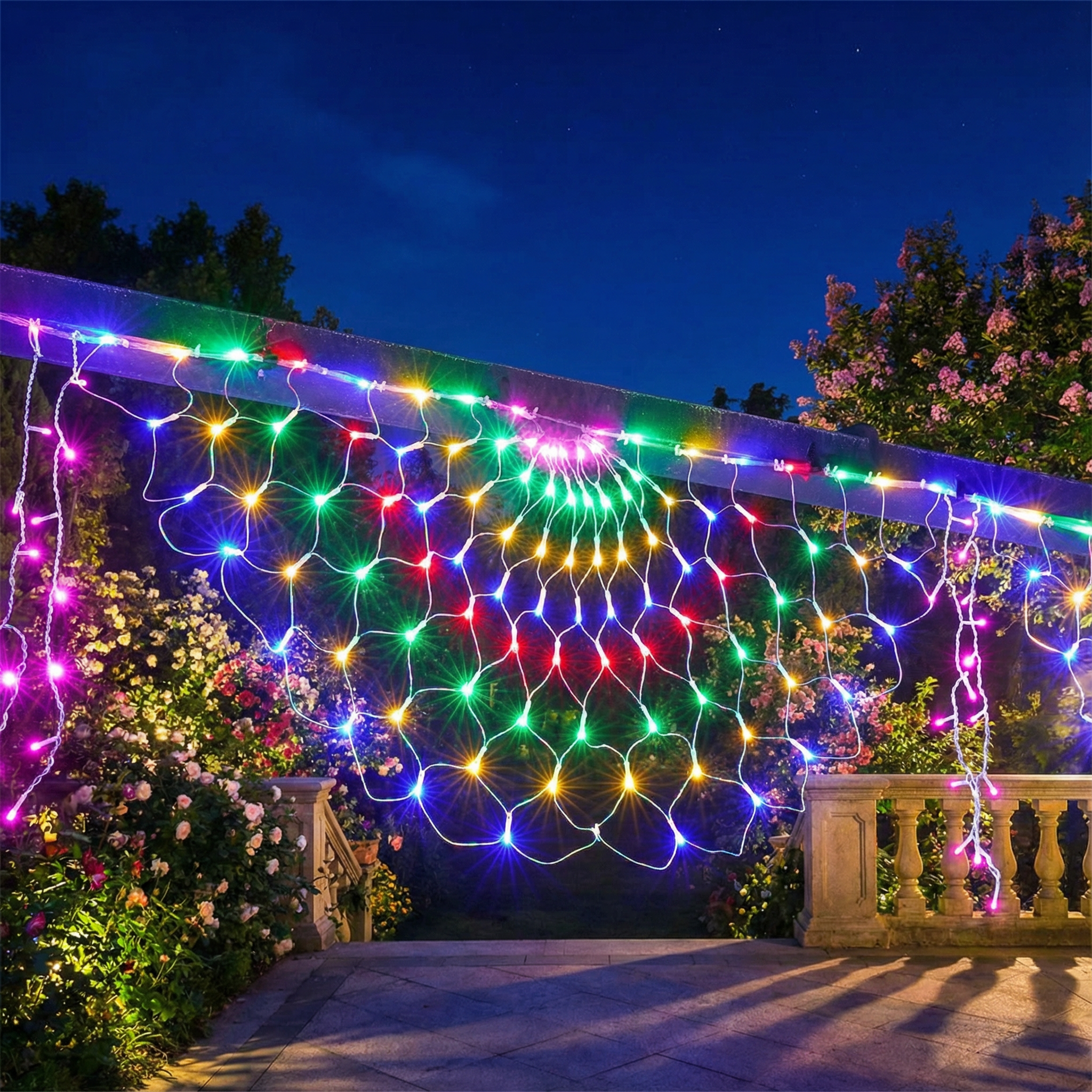 led孔雀屏网灯彩灯新年春节装饰庭院布置户外防水星星彩灯闪灯