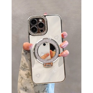 适用苹果15手机壳iphone14promax闪粉镜子隐形支架13高级感12网红女款 手机套 14轻奢水钻13pro新款 14pro爆款