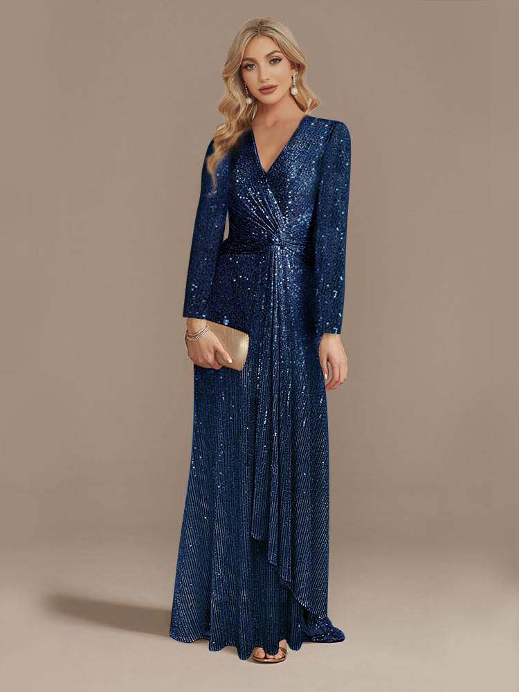 欧美热销长袖鱼尾宴会晚礼服Sequin Evening Dress Wedding Party