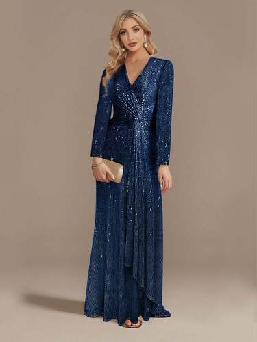 欧美热销长袖鱼尾宴会晚礼服Sequin Evening Dress Wedding Party