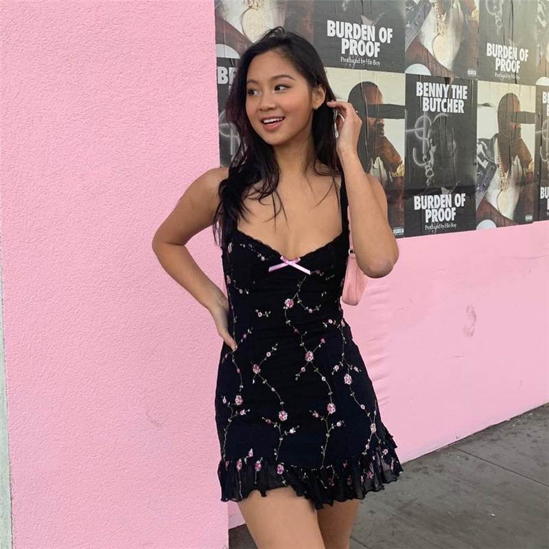 sexy mesh halter dress欧美风街拍时尚印花网纱荷叶边吊带连衣裙