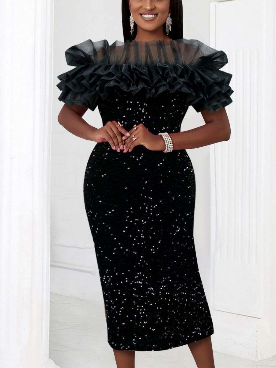 欧美大码新款亮片一字领礼服连衣裙Plus Size Sequin Party Dress