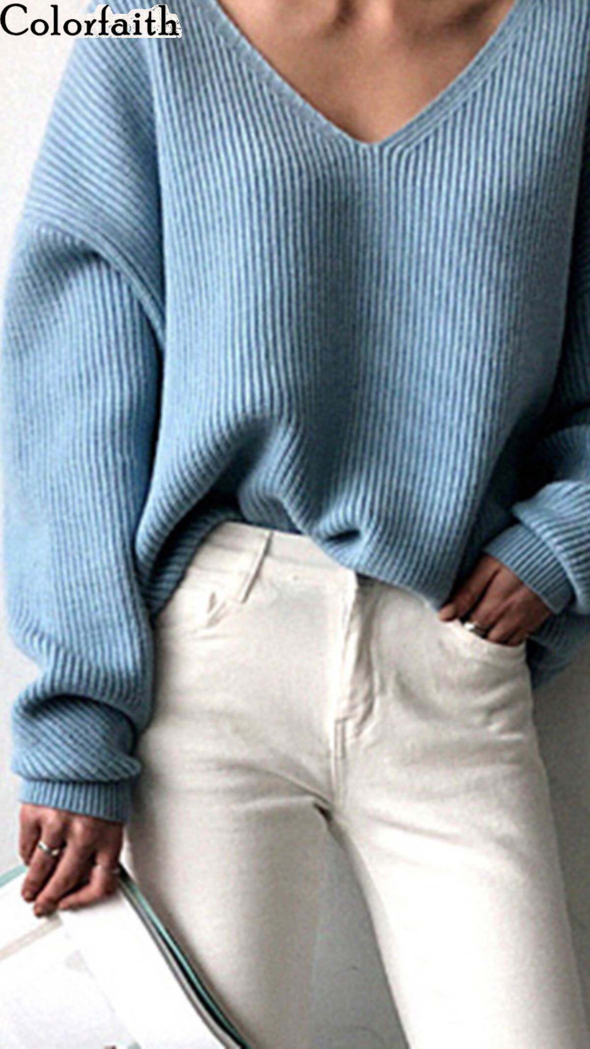 秋冬百搭下摆不规则女士长袖毛衣V领套头宽松针织衫women Sweater