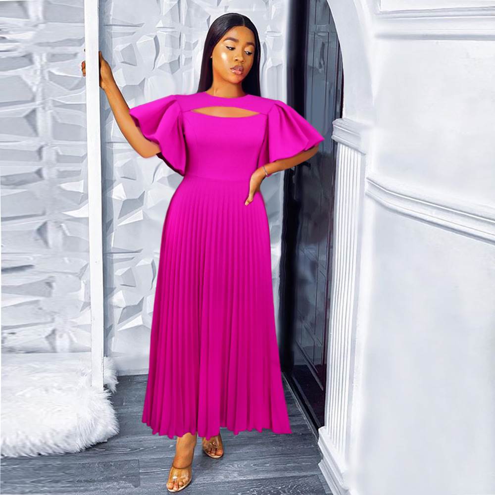 欧美大码通勤休闲镂空收腰百褶连衣裙 Plus Size Pleated Dresses
