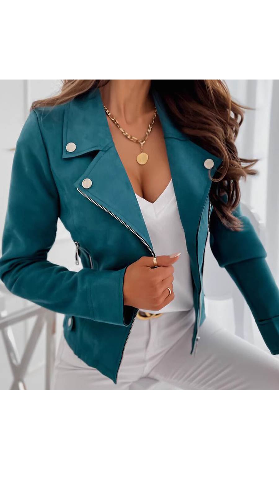 2023欧美气质女春秋修身显瘦仿鹿皮绒斜拉链开衫西装款机车小外套