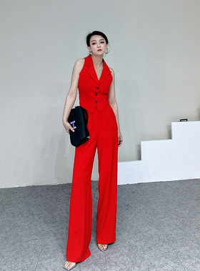 小众设计款红色夏季轻奢女士马夹+直筒裤两件套大气显白气质马甲