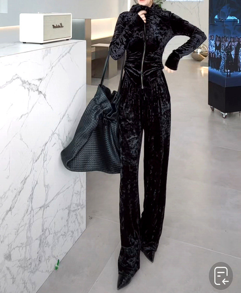 小众设计黑色钻石丝绒女装休闲上衣复古气质收腰显瘦短外套+裤子