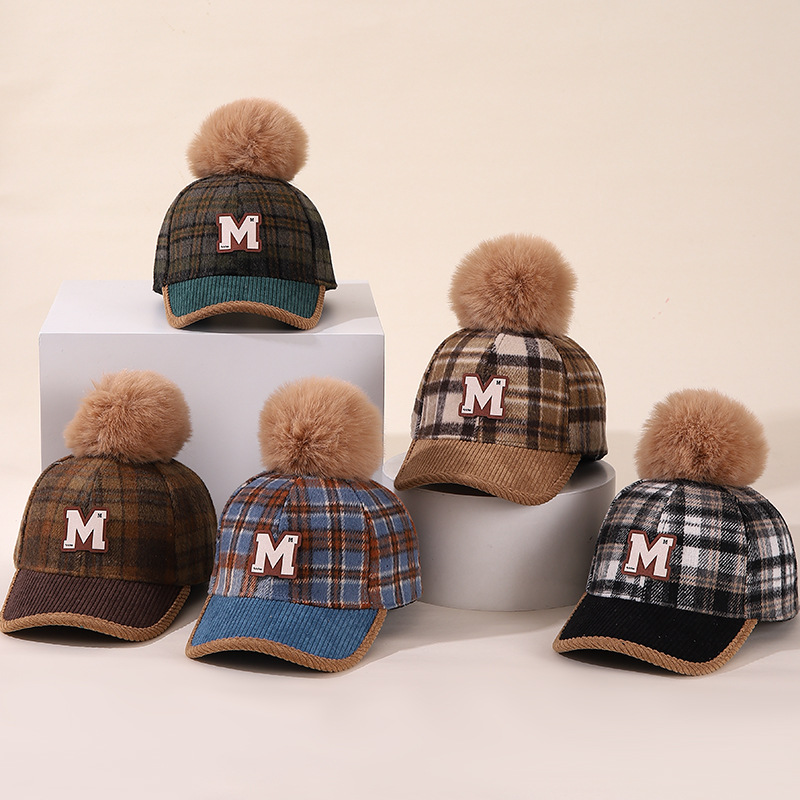 韩系冬儿童字母M格子毛呢棒球帽休闲百搭男童毛球鸭舌帽2-5岁中童